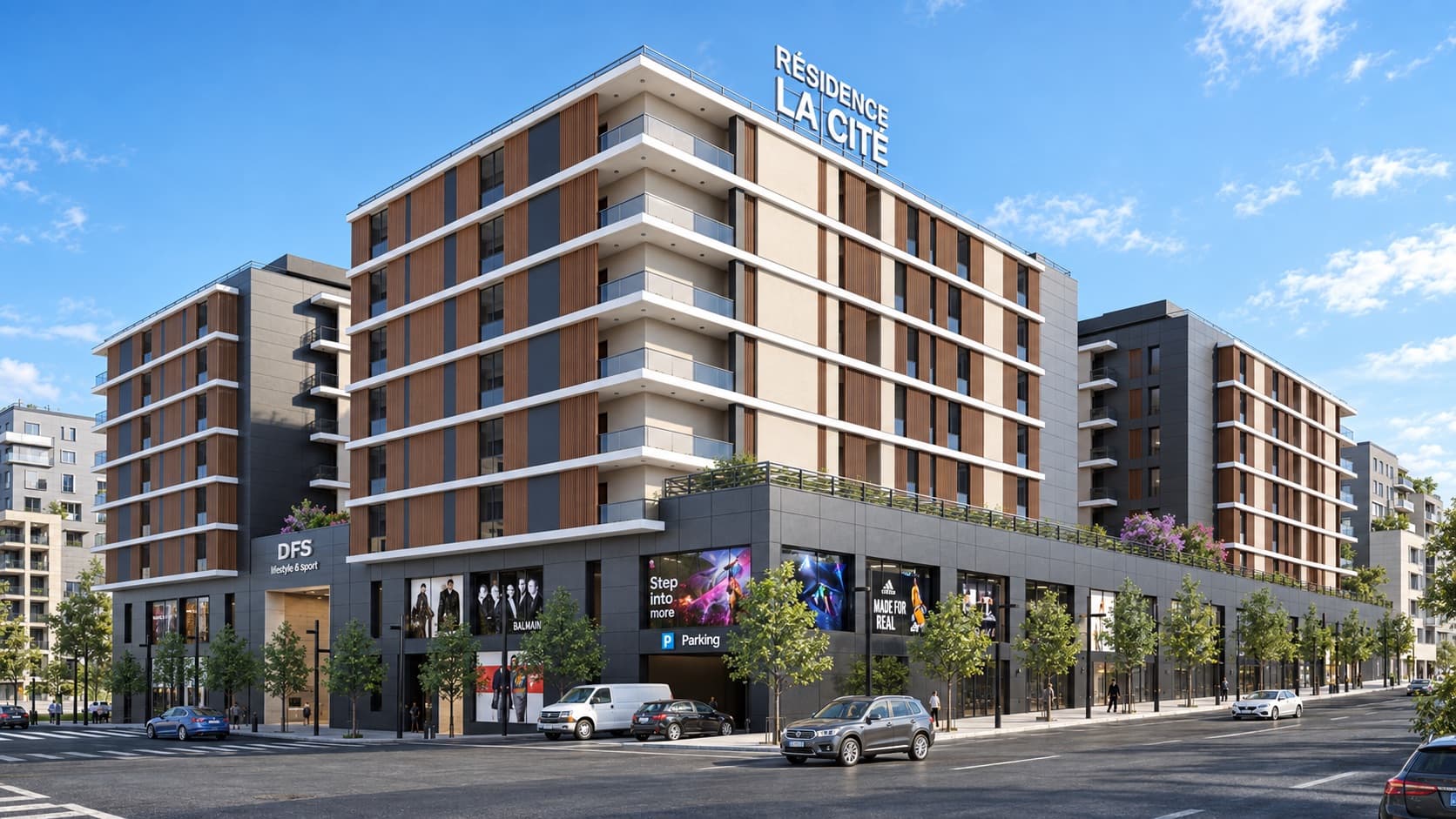 Rendu de la Résidence La Cité à Chlef : blocs résidentiels sur socle commercial, enseigne et parking en pied d’immeuble